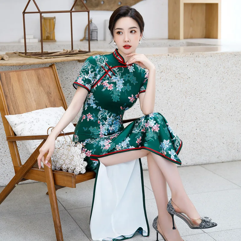 

Women Elegant Printed Satin Handmade Button Short Sleeve Orientale Banquet Qipao Chinese Mandarin Collar Cheongsam Oversize 4XL