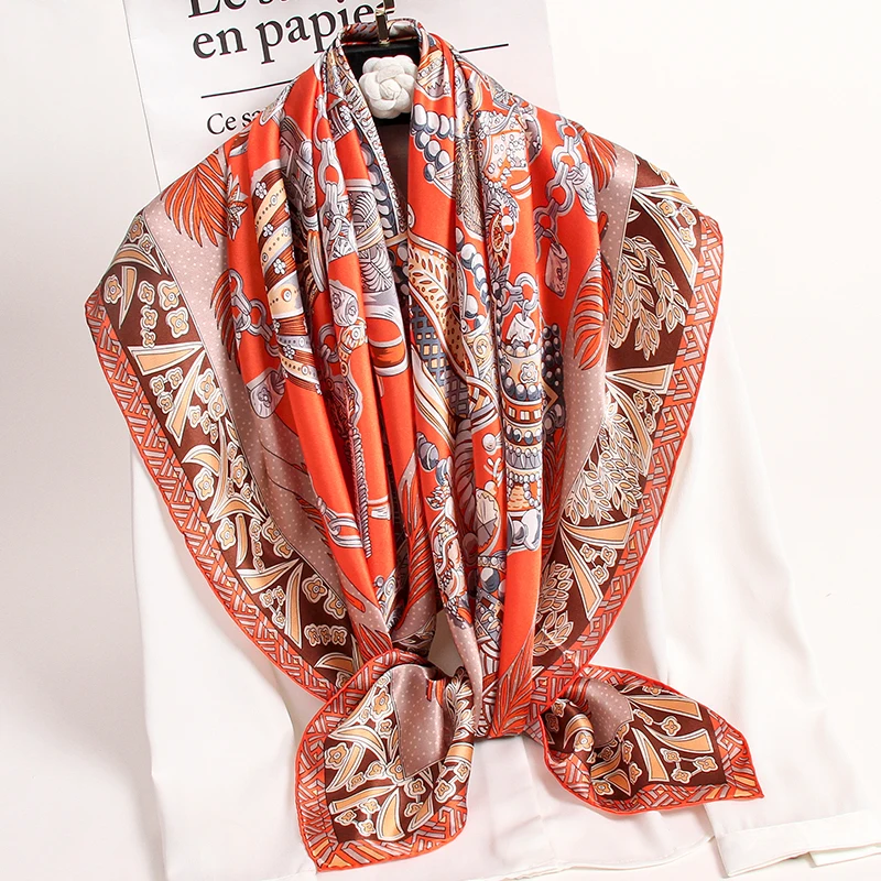 

100% Pure Silk Square Scarves Women Large Bandana Echarpe Femme Print Headscarf Nature Silk Shawls Silk Foulard 108x108cm