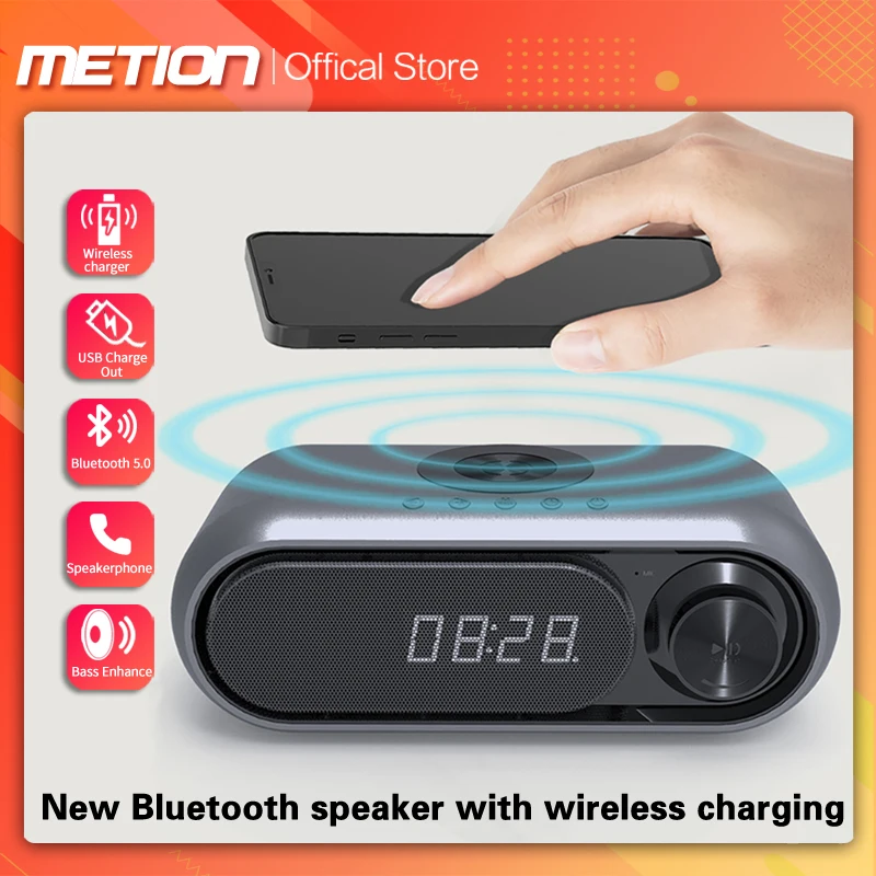 

2021 NEW wireless bluetooth speaker charging LED clock alarm clock FM radio TF card speaker with wireless charger high quality