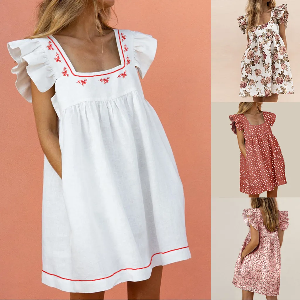 Женское летнее платье в стиле ретро белое мини с цветочным принтом и завязкой на