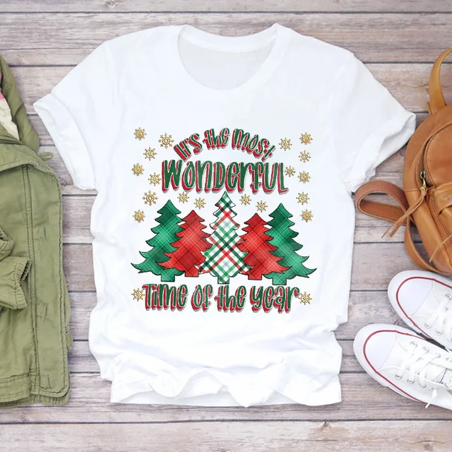 

Christmas M T Shirt Santa Claus Christmas Tree Snowman Print Cartoon Tshirt 2022 Happy New Year Holiday Fashion Tshirt XL