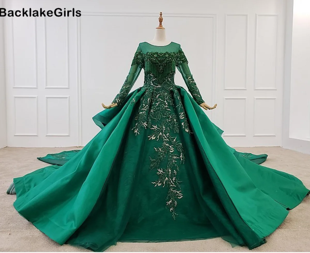 Королевское зеленое праздничное платье с круглым вырезом и длинным рукавом из