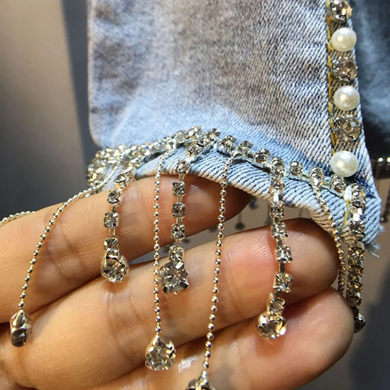 

2021 Spring autumn New Heavy Bead-fringed Drilled High-waist Jeans Pants Women Slim Stretch Diamond Denim Trousers Pencil Pants