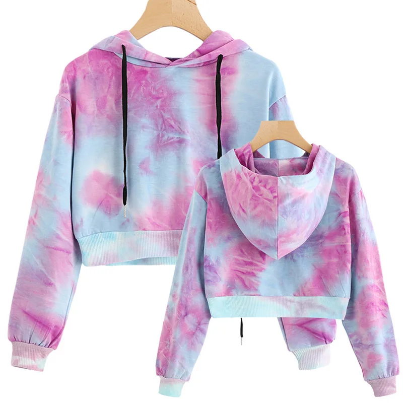 

Hoodie Women Colorful Long Sleeve Sweatshirt Ladies Tie Dyeing Crop Hooded Sweatshirt Top Autumn Cropped Pullover Streetwear