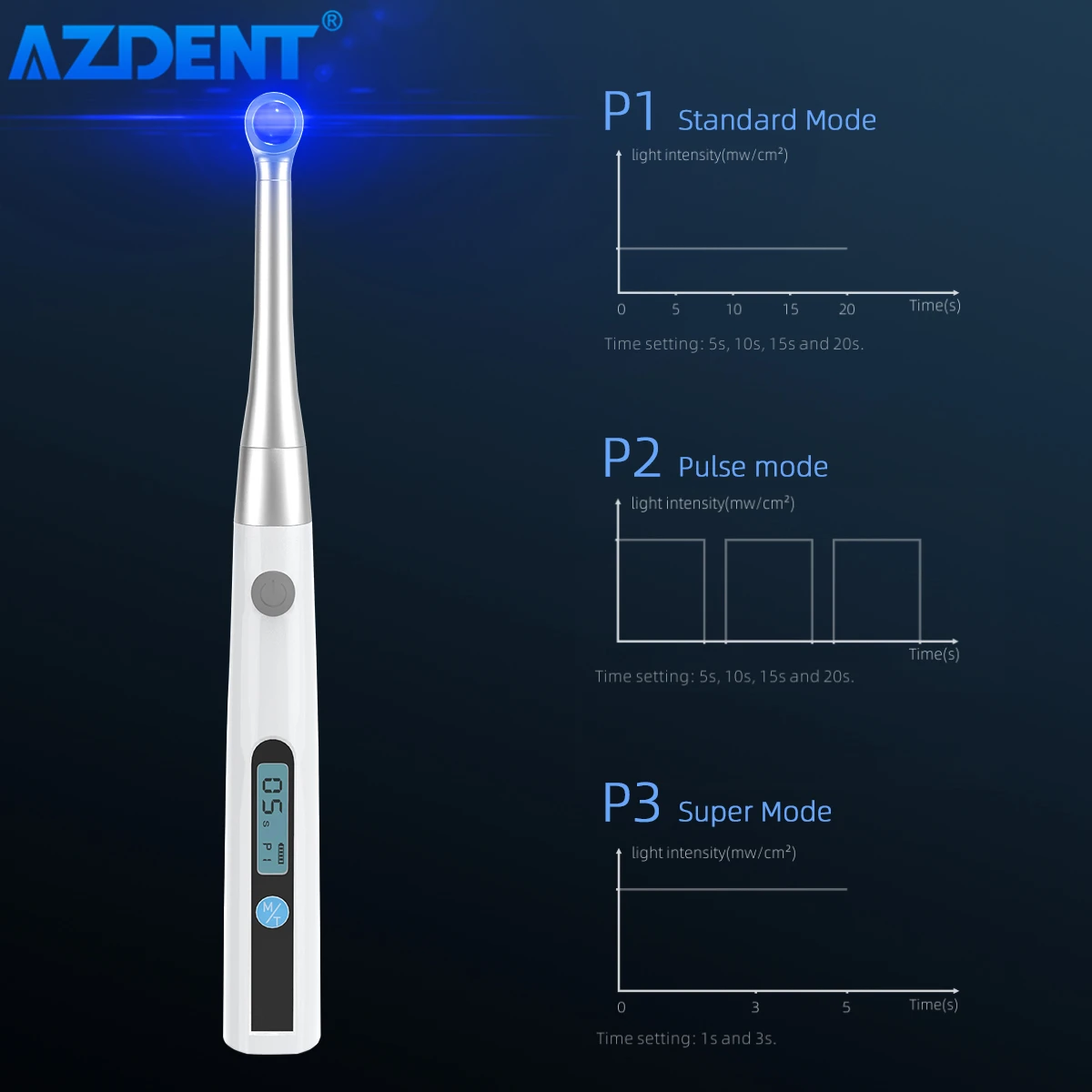 AZDENT Dental LED Curing Light Lamp 1 Second Cure 2mm Resin 1200-1400mw/cm² Cordless Metal Head 3 Models Adjustable