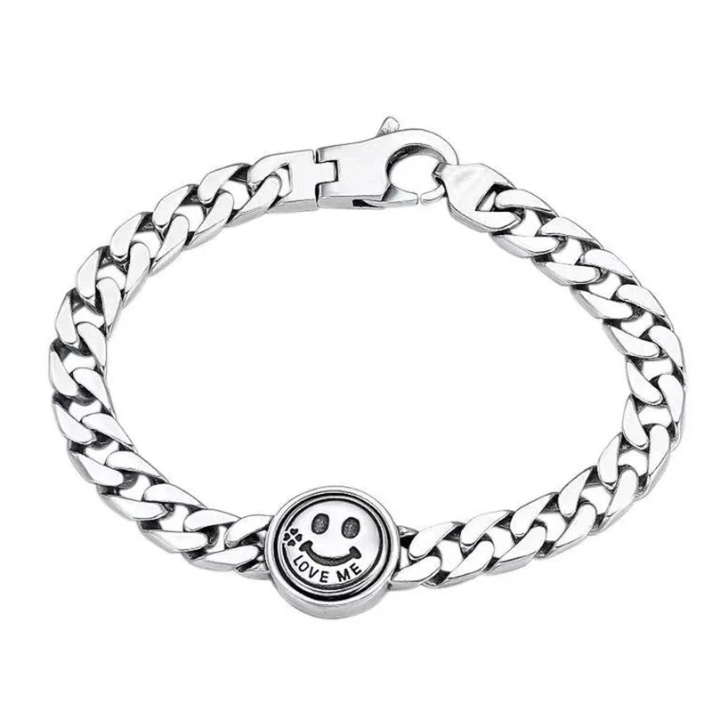 100% S925 Silver Cuban Chain Couple Bracelet Simple personality rotatable smiley face bracele
