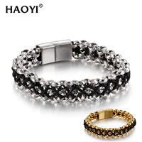 14mm retro connection cowhide stainless steel mens leather bracelet classic trendy casual sporty unisex snap button jewelry