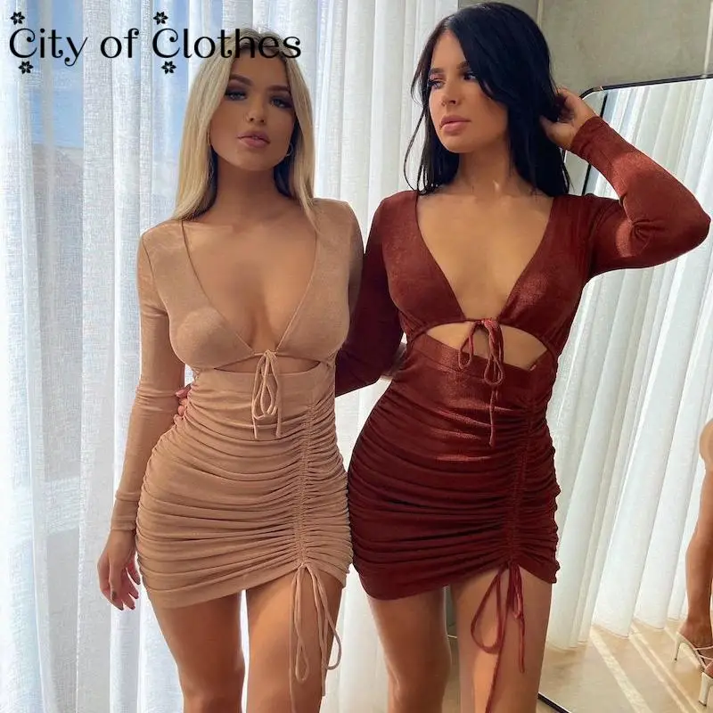 

2021 Knit Long Sleeve Mini Dress For Women Hollow Ruched V-Neck Backless Lace Up Retro Bodycon Slim Sexy E-Grils Party Dresses