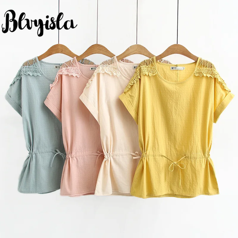 

4XL Oversize Lace Patchwork Shoulder Cotton Blend Blouse Overweight Female Loose Summer Short Sleeve Slim Waist Shirts tops