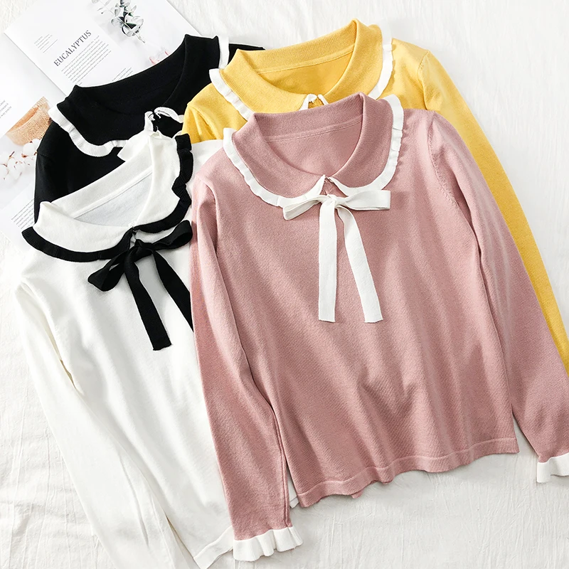 Женский милый Однотонный свитер осенний с рукавом-бабочкой Повседневный вязаный