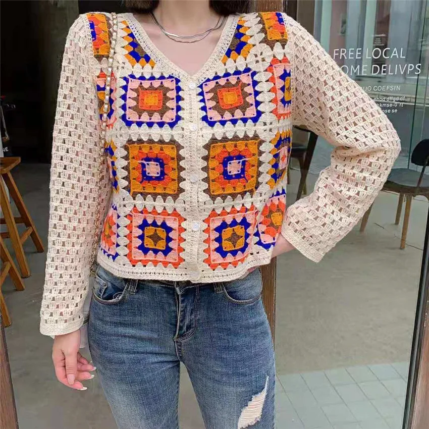 

Женский клетчатый кардиган в стиле ретро, укороченный Топ с длинным рукавом, цветная рубашка в стиле бохо, праздничная блузка, 2022