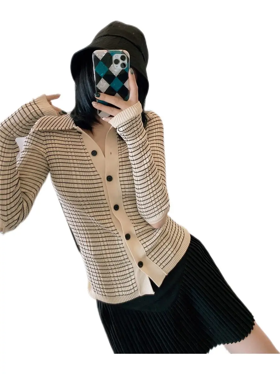 

Juice Snow 2021 New Women Summer Slim-Fit Knitted Cardigans Stretch Thread Striped Sweater Hit Color Broken Sleeve Top