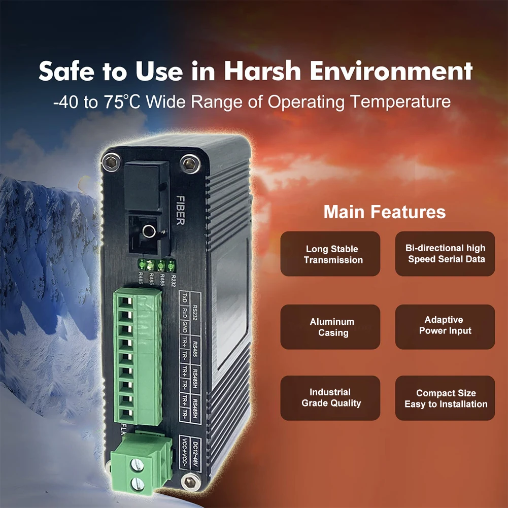 Industrial RS232 RS485 RS422 Optic Modem SC Single Fiber SM 20/40/60Km Serial to Fiber Converter Aluminum Casing 12-48V