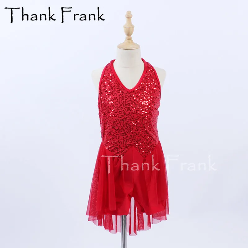 Новый красный костюм для современных танцев, танцевальные платья с блестками для девочек и женщин, Детские и взрослые праздничные костюмы без рукавов с V-образным вырезом, C721
