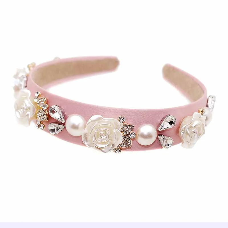 flower hairband Широкая винтажная Роскошная розовая кристальная тиара в стиле барокко, королевская повязка на голову, блестящие стразы, повязка для волос для женщин, свадебные аксессуары для волос - Окраска металла: flower hairband