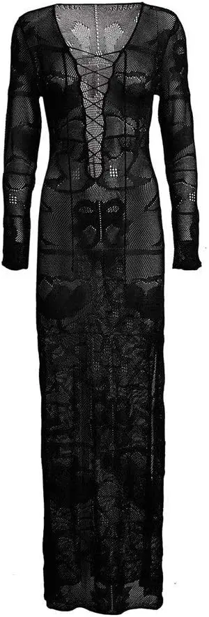 

Women Summer Casual Knitted Lace-Up Swimsuit Cover Up Dress Long Sleeve V Neck Beachwear Maxi Nightgown Solid Polyester