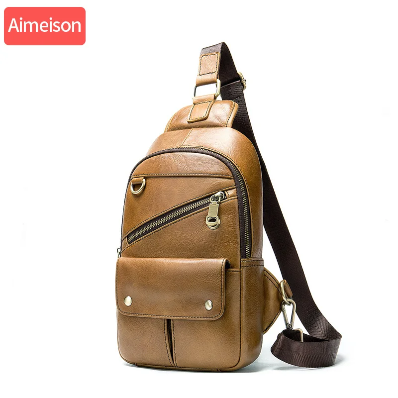 Мужская винтажная нагрудная сумка Aimeison из натуральной воловьей кожи модная