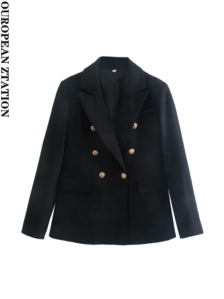 

Женский твидовый двубортный Блейзер za, винтажный пиджак с длинным рукавом и карманами с откидной крышкой, верхняя одежда, 2021
