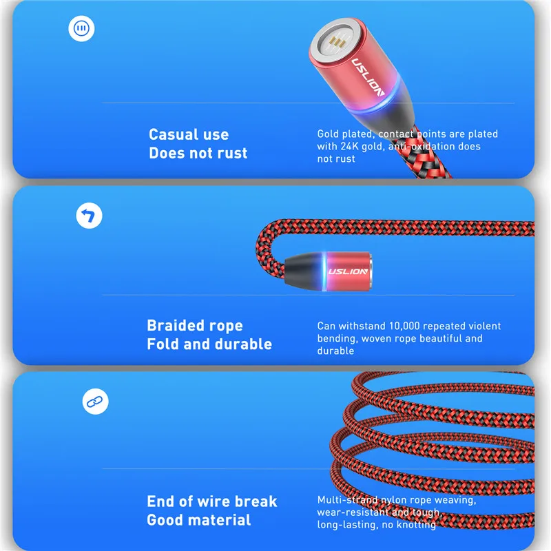 Магнитный кабель USLION Micro USB Type C для iPhone Samsung Xiaomi Huawei 2 м 3 А провод быстрой зарядки