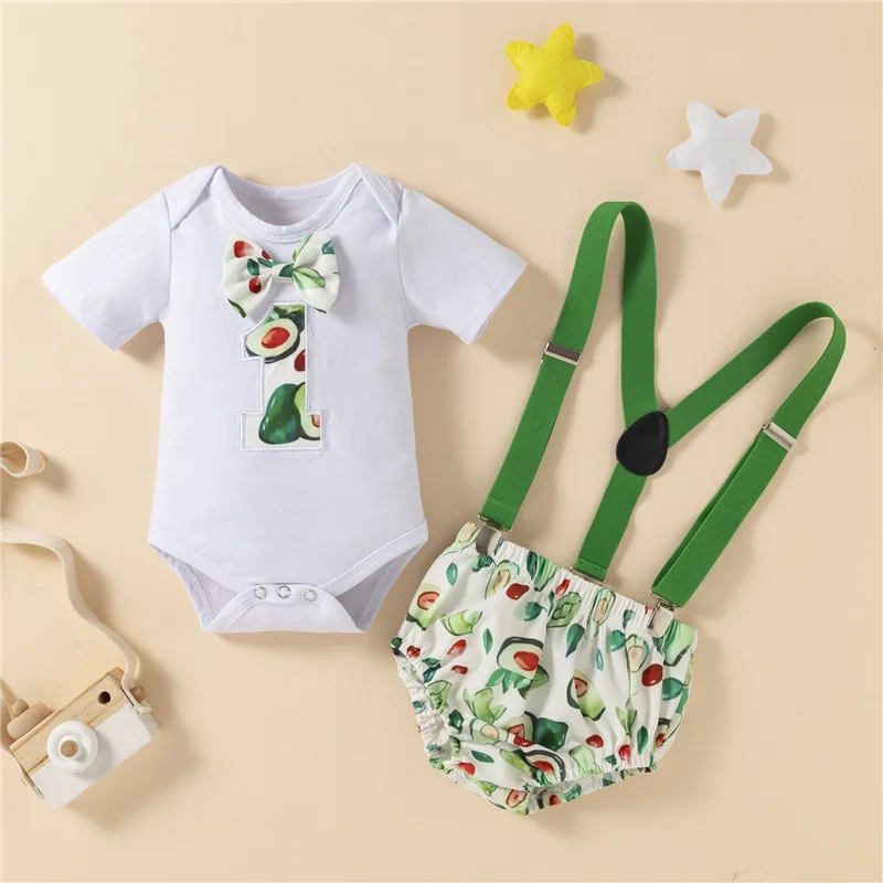 

Toddler Baby Boys Kids Clothes Set,Summer Casual Cotton Avocado Print Round Neck Short Sleeve Romper+Suspender Shorts,3-18Months