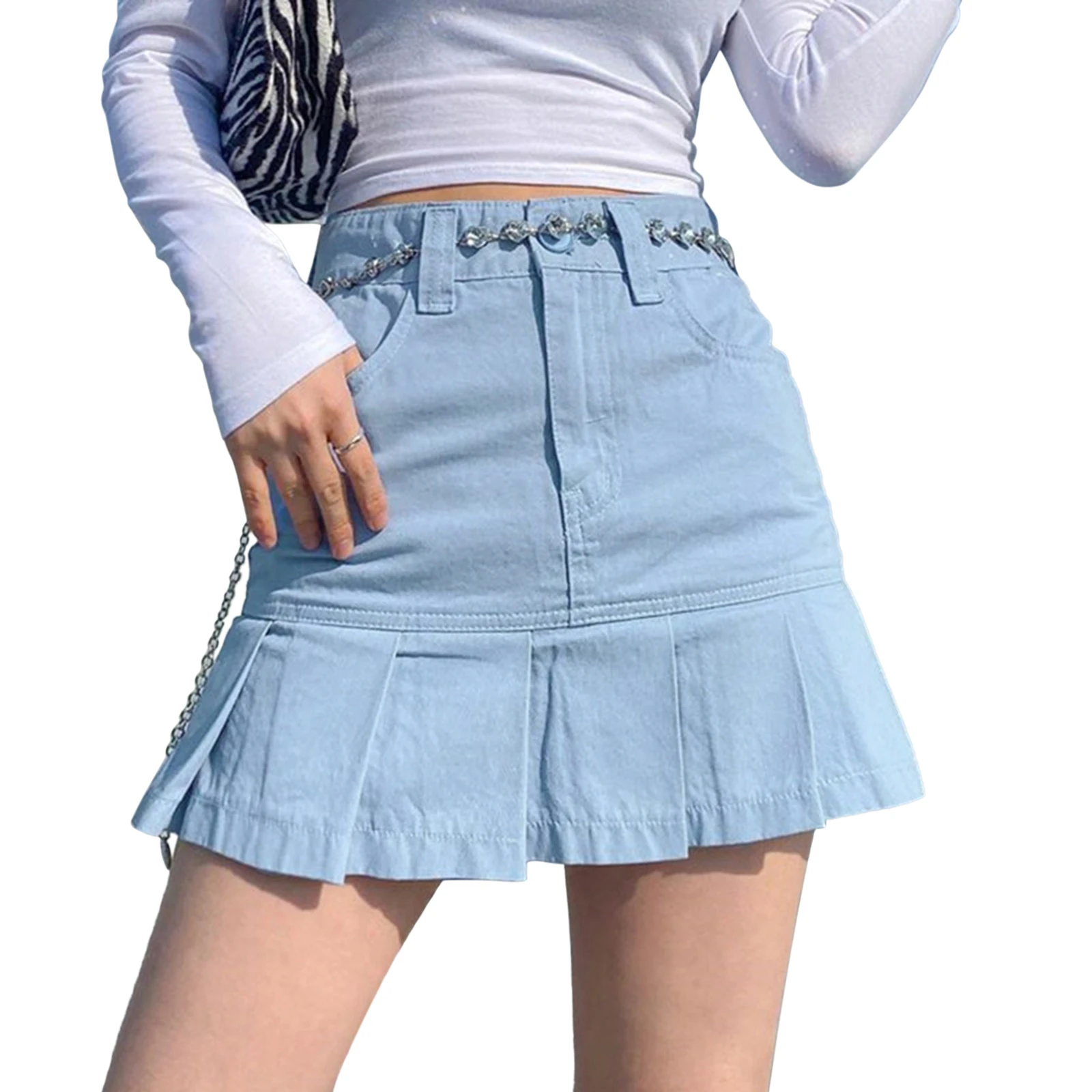 

Летняя Стильная Милая женская повседневная юбка с плиссированным подолом, однотонная короткая юбка с высокой талией и карманами, синий/хак...