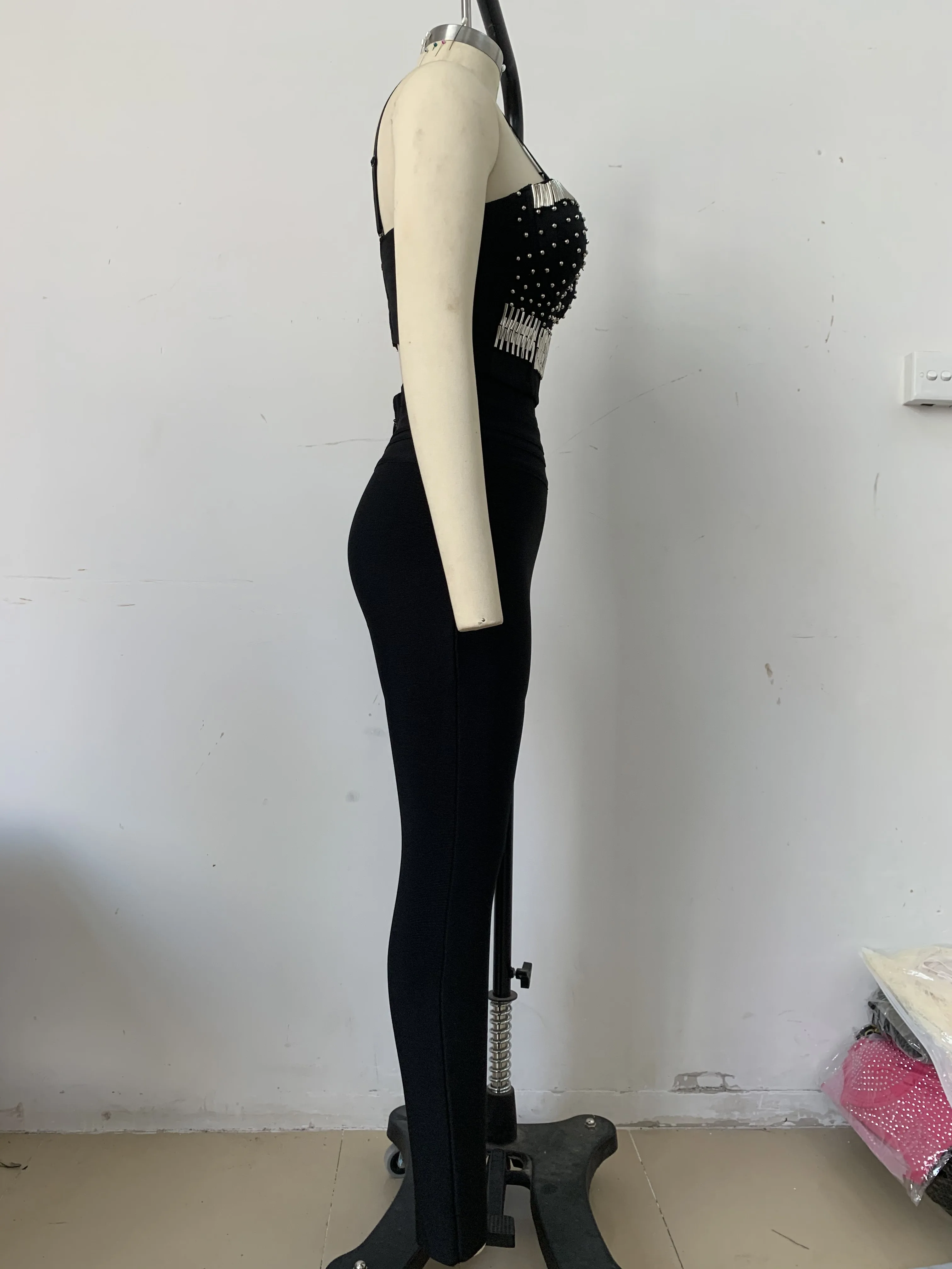 High Quality Woman Bandage Sexy Two Pieces Bodycon Set Shinny Beading Top Long Bandage Pants Elegant Black Women's Set