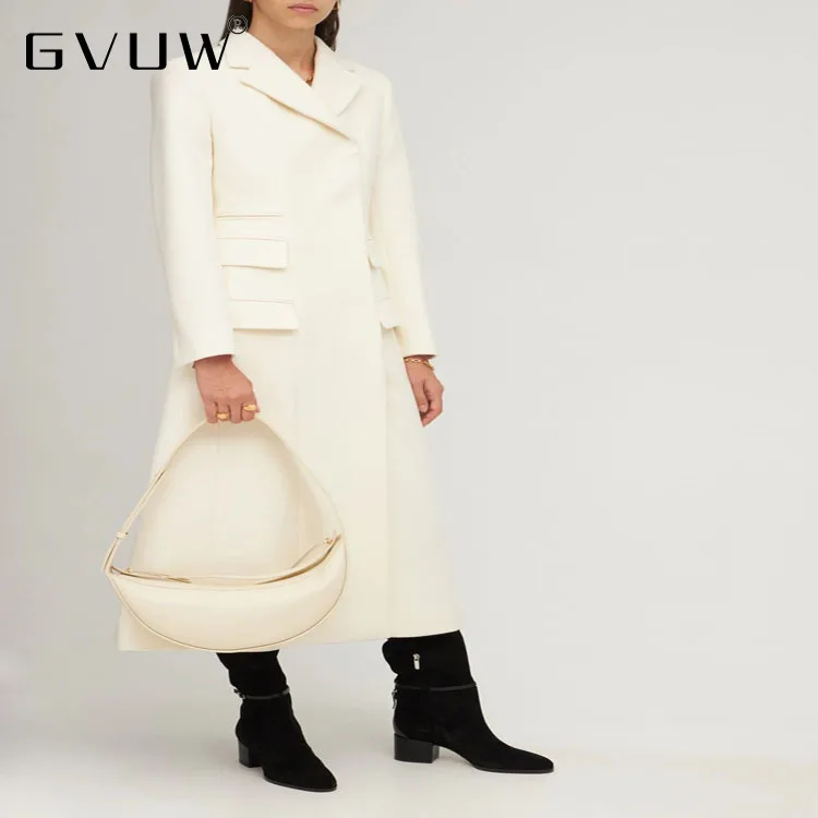 

GVUW 2021 autumn winter new suit collar slim lengthened multi pocket split white tweed coat guangzhou clothing wholesaler