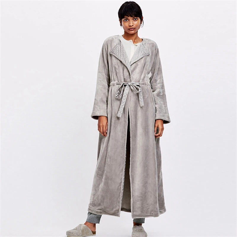Coral Fleece Bathrobe Pajamas Women Winter Warm Satin Lapel Lengthened Gown Ladies Casual Kimono Bath Robes Sleepwear With Belt