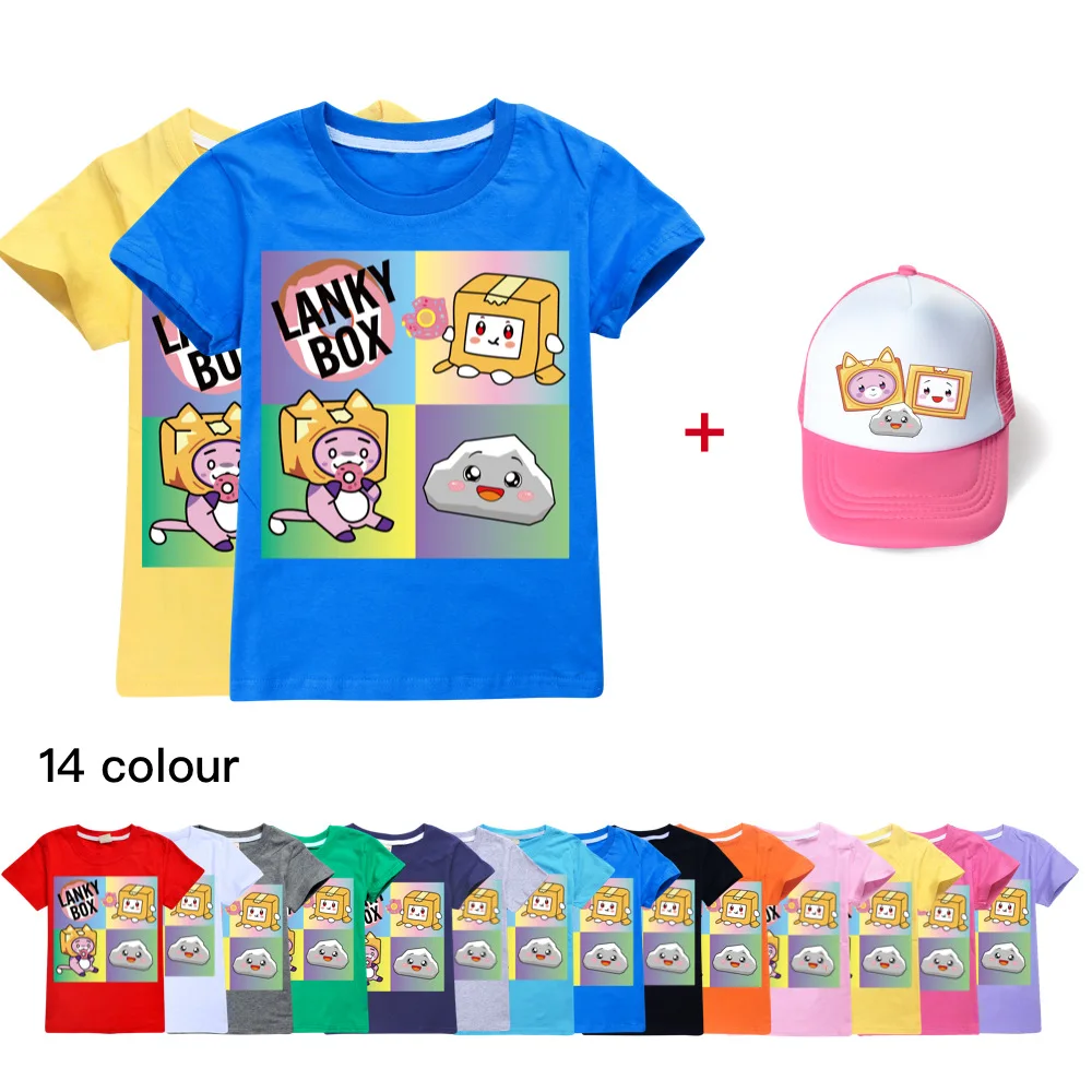 

New Lankybox Children T Shirt Kawaii Summer Tops Cartoon Kids Boys Girls T-shirt +Hat Fashion Clothes Graphic