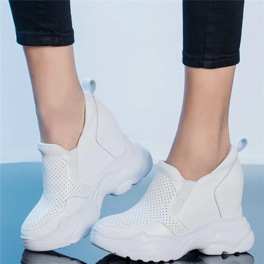 Кроссовки женские из натуральной кожи ботильоны на танкетке дышащие