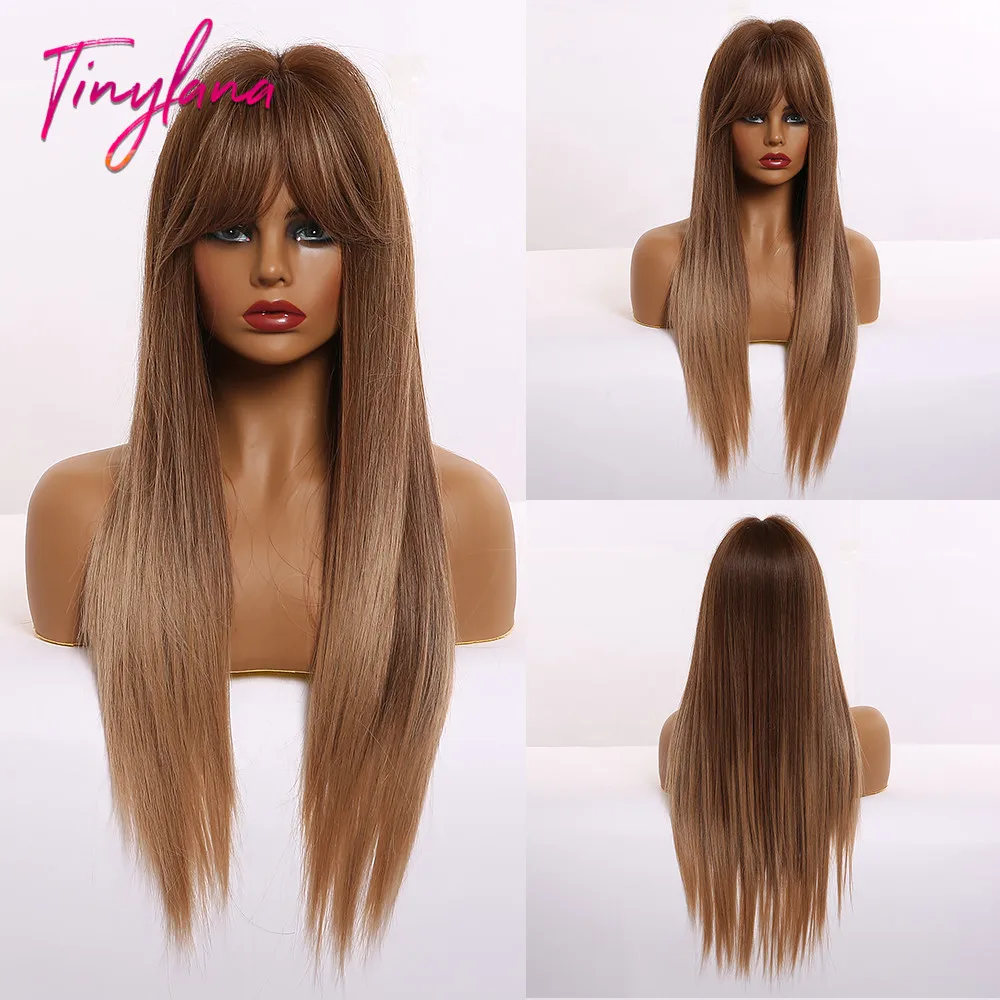 Маленькие натуральные длинные прямые волосы LANA с челкой коричневые блонд Омбре