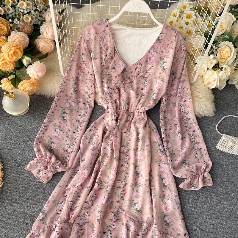 

2020 ruffles V Neck Spring floral print midi long Dress summer casual Long sleeve chiffon Women elegant beach holiday Dress