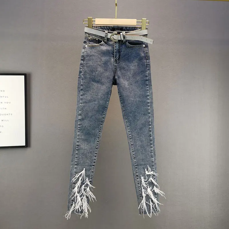 

2021 Spring New High Waist Slim Cropped Skinny Pants Lady Feather Rhinestone Jeans for Women Stretch Cotton Jeans Girls Pants