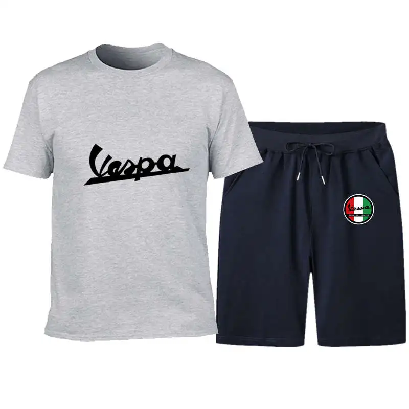 

2021 Summer VESPA Logo Black Printed Men's T-Shirt + Shorts Two-Piece Solid Color Breathable Fashion Casual Basic Sports Suit