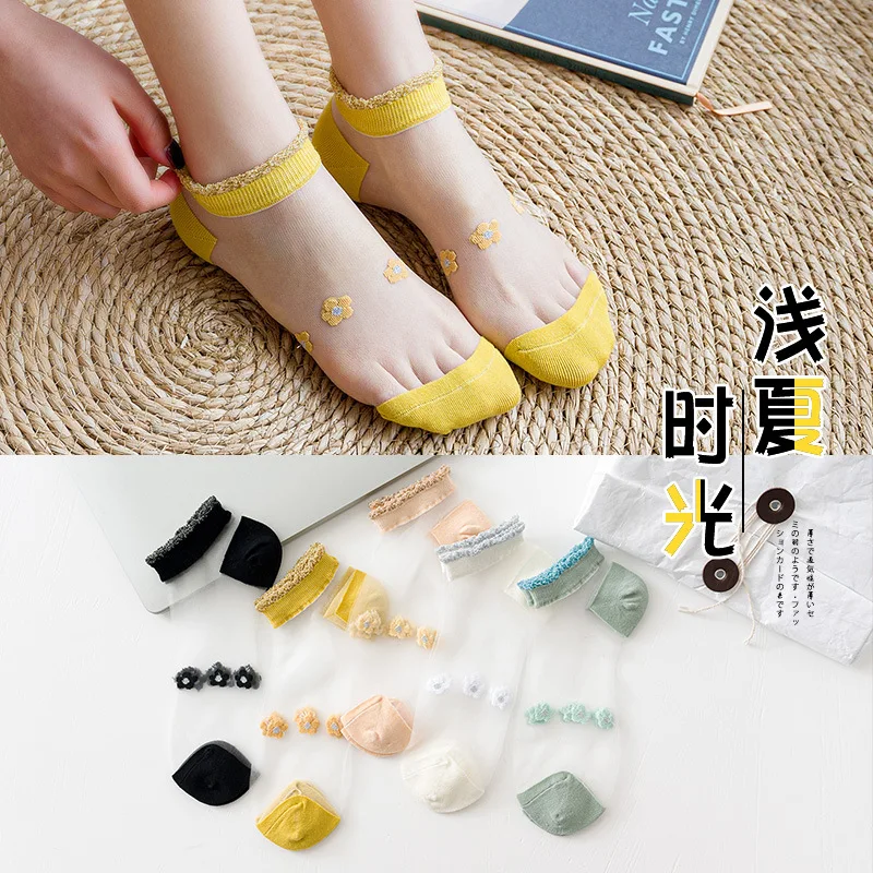 

women's socks set 10 pcs Spring summer Silk Cass Glass Transparent Love Ultra-thin Fresh slouch ankle socks flower Ins korean so