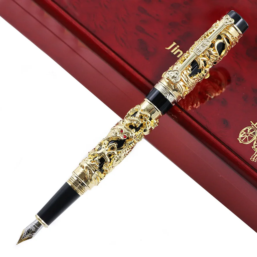 Роскошная металлическая 3D Авторучка Jinhao с изображением дракона Феникса, винтажная перьевая ручка 0,5 мм, перьевые ручки для письма, офисные, деловые принадлежности, подарок - Цвет: Gold black