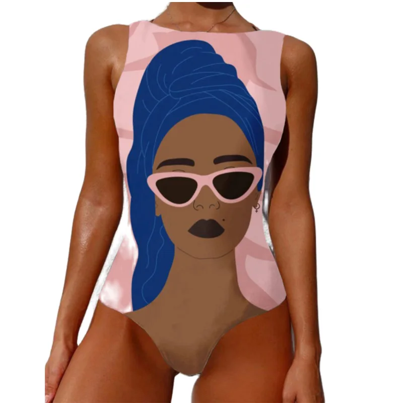 

Swimsuit Women One Piece Cover Up 2021 Fashion Graffiti Style Bikini O- Neck Sleeveless Beach Swimsuit Cartoon Pattern Swimwear