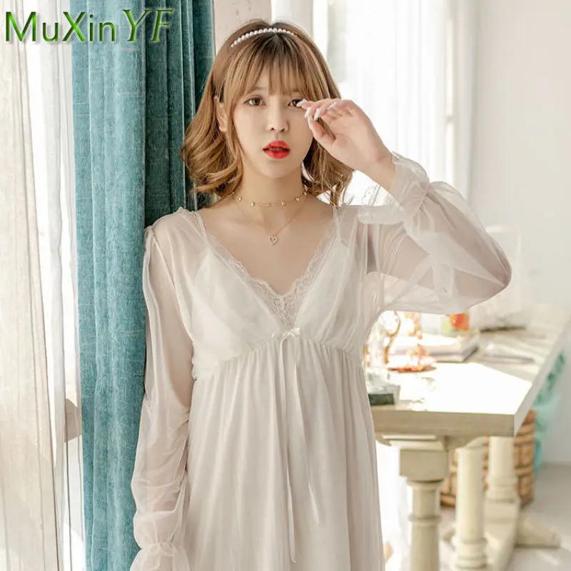 Summer Dress Women Sexy Lace Nightdress Pajamas Summer Long Can Drop Shoulders Two Wear Temptation Sleepwear Pijamas Homewear
