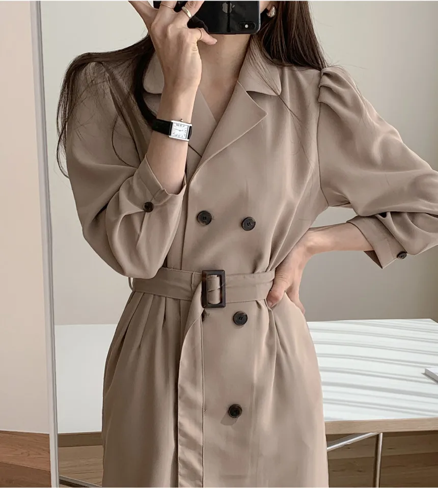 

Женское офисное платье с отложным воротником, элегантное двубортное платье с поясом и рукавом до запястья, осеннее платье с поясом, модель ...