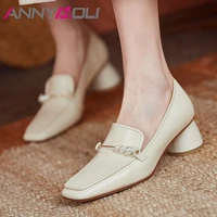 annymoli cow leather square toe pumps women mid heel shoes pearl dress footwear ladies block heels slip on shoes spring beige 40