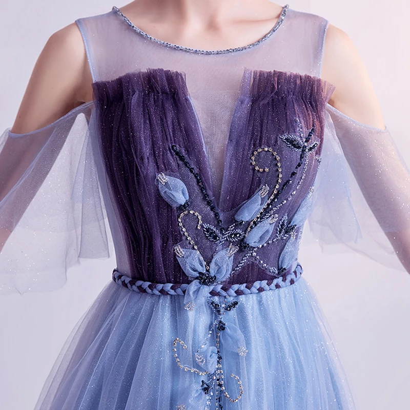 

Evening Dresses Illusion Off The Shoulder Sequined Pleat Beading Gradient Purple A-Line Tulle Lace Women Formal Party Gown TS536