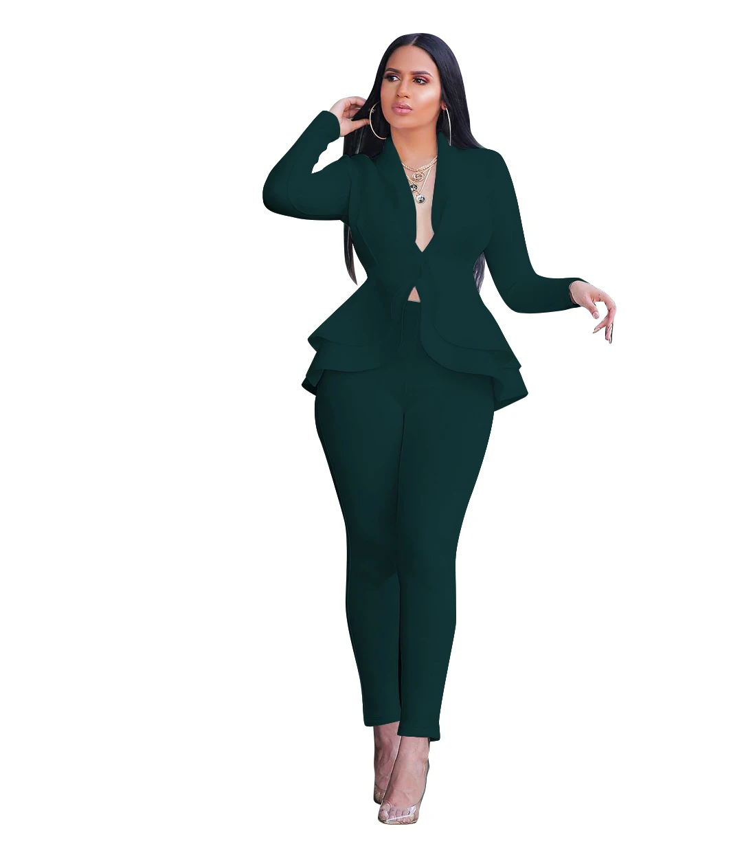 

Women Winter Women Tracksuit Set Full Sleeve Ruffles Coats Pants Two Piece Suit Ladies Business Office Wear Uniform