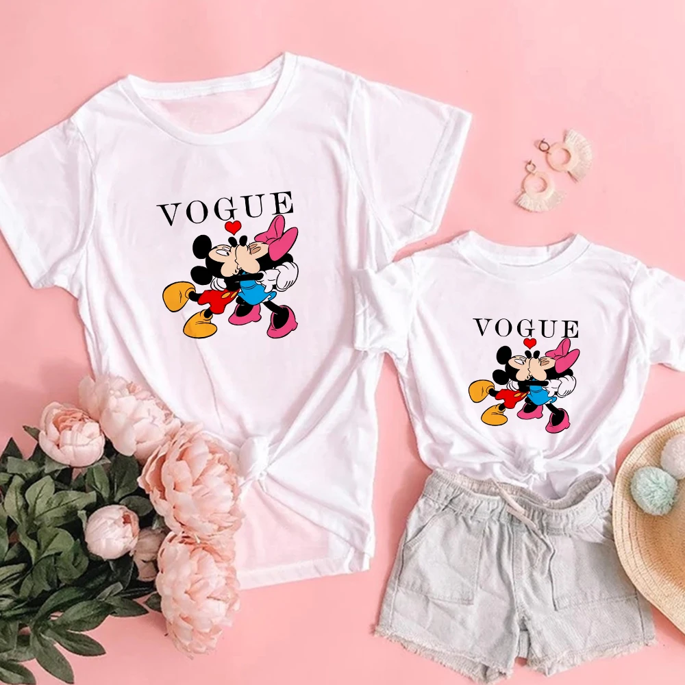 

Summer T Shirt Women Mouse Mickey Minnie Lovers Kiss Print Famliy Look Baby Girl Boy Fashion Casual Children Tee Tops