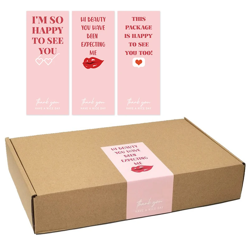 

30-60 Pcs Pink Rectangle Thank You Stickers Gift Box Wrapping Decor Seal Labels Sticker "This package is happy to see you too"