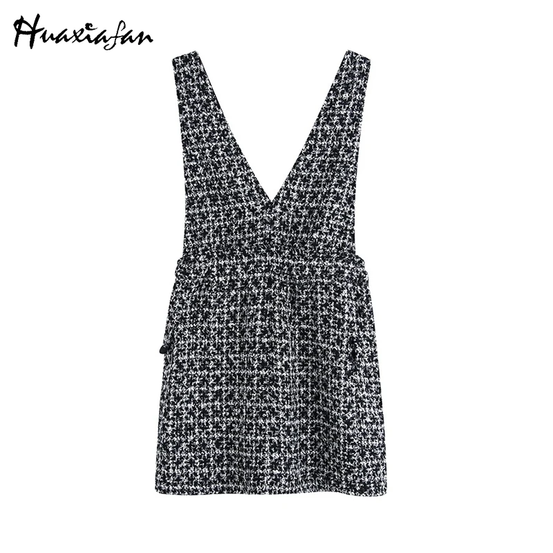 Huaxiafan Women Dress Autumn Tweed Blend Wide Strap Plaid Front Buttons Fly Flared Hem Female Overall Mini Tank Dresses | Женская одежда