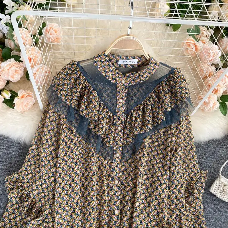 

Women's Chiffon Shirts Female Stamd Collar Ruffles Puff Sleeve Niche Mesh Ruffled Floral Print Female Blusa Top PL607