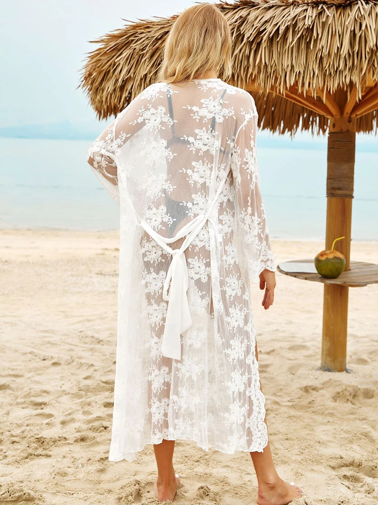 Крючком пляжные туники длинный кружевной купальник с сеткой Bikini Cover Up Robe De волна