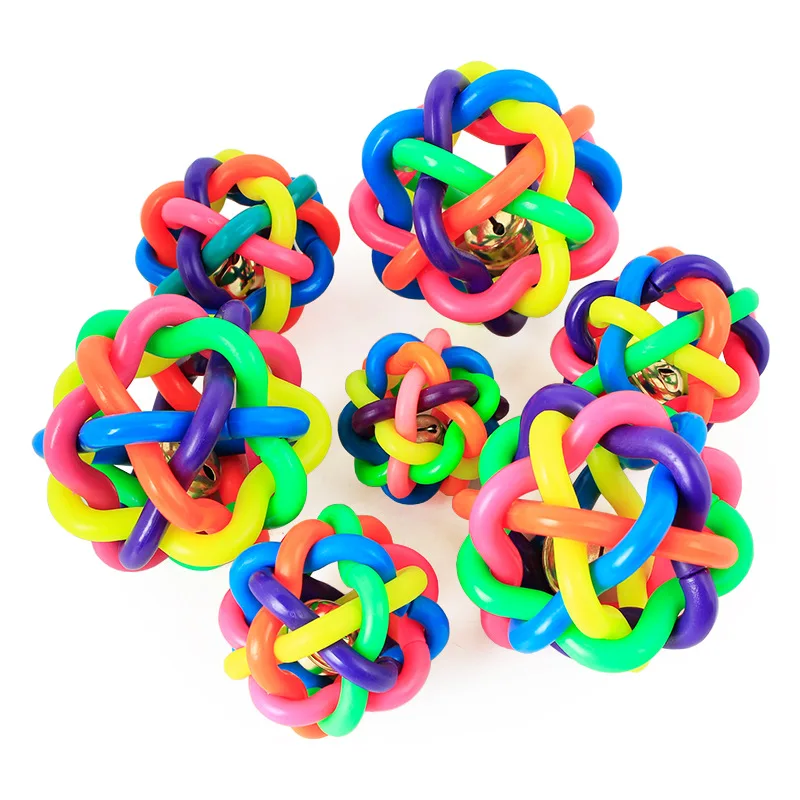 

Spot Wholesale Leather Tao 9cm Large Seven Color Bell Woven Ball Rubber Rainbow Ball Pet Toys