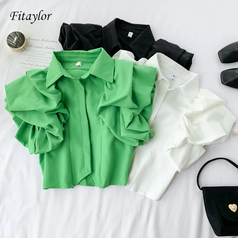 Fitaylor летние короткие темперамент рубашки с буфами на рукавах Топ Элегантный офис