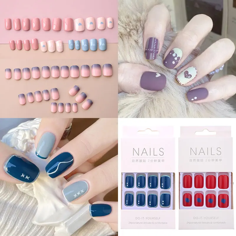

Detachable Fake Nails Art Nail Tips Press On False With Designs Set Colorful Artificial Full Cover Short False Nails With Glue